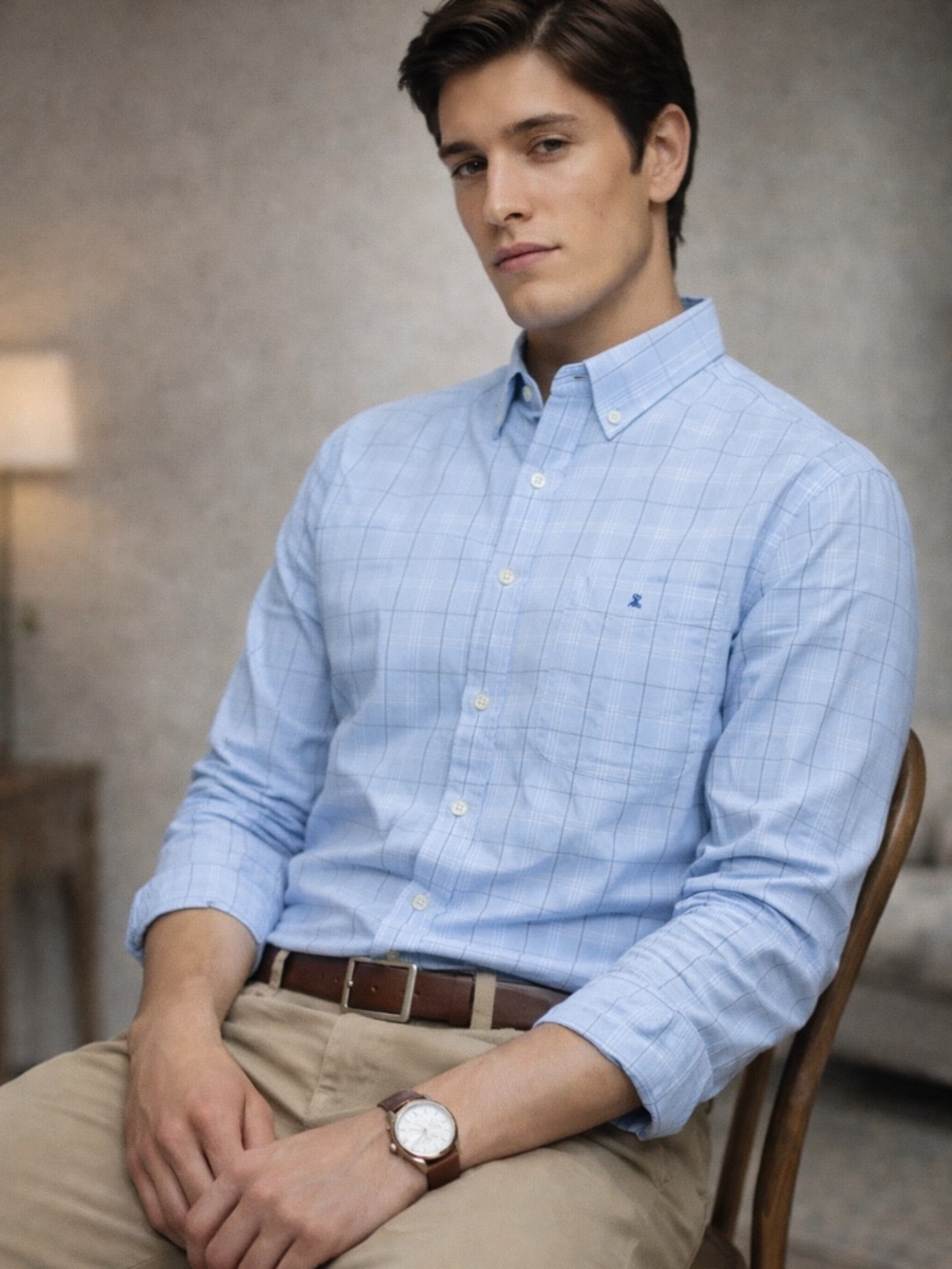 IZOD Premium Essentials Blue Plaid Button Down Long Sleeves Classic Fit Shirt‎